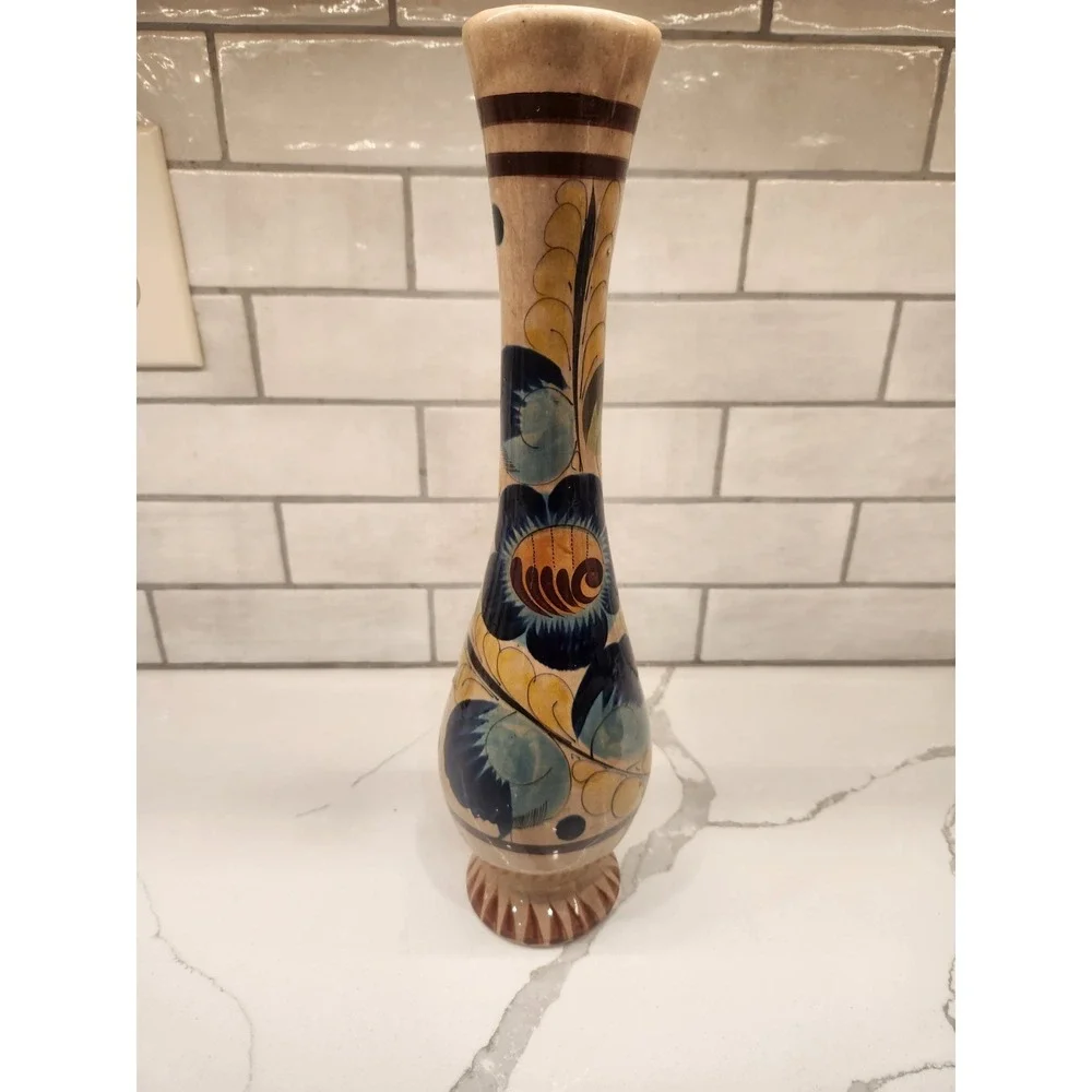 Vtg. Tonala Pottery Vase Hand Painted Mexican Folk Art Flowers Signed 15